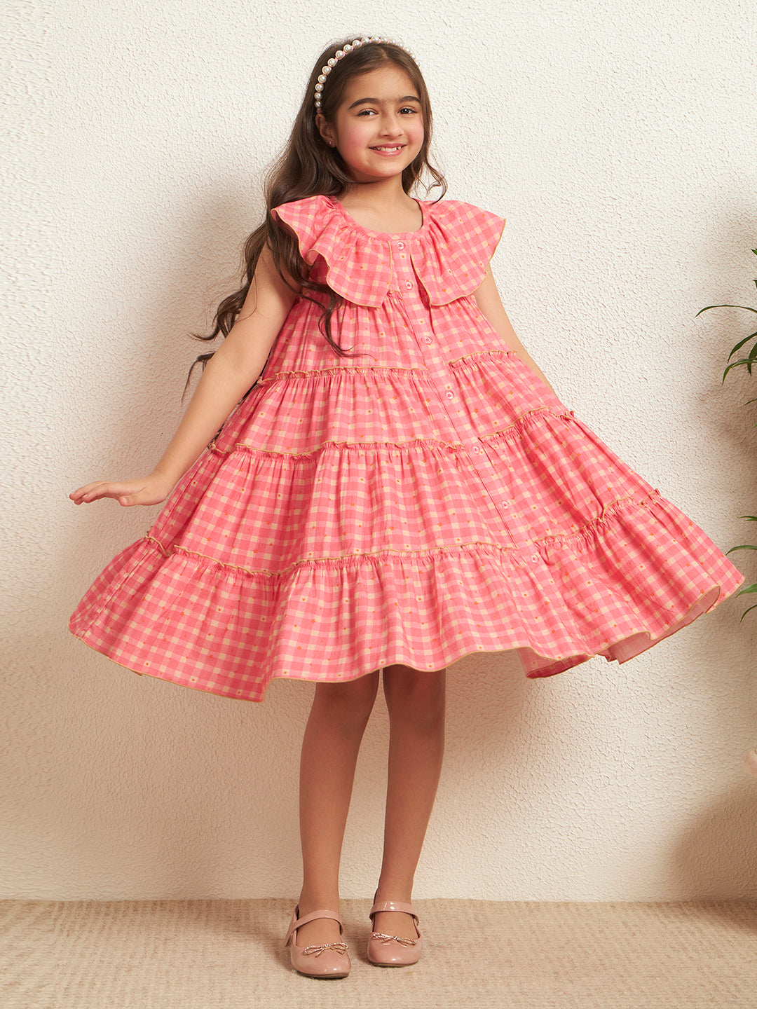 Girl's Carrot Pink Cotton Flex Check Print Shirt Style Tiered Dress