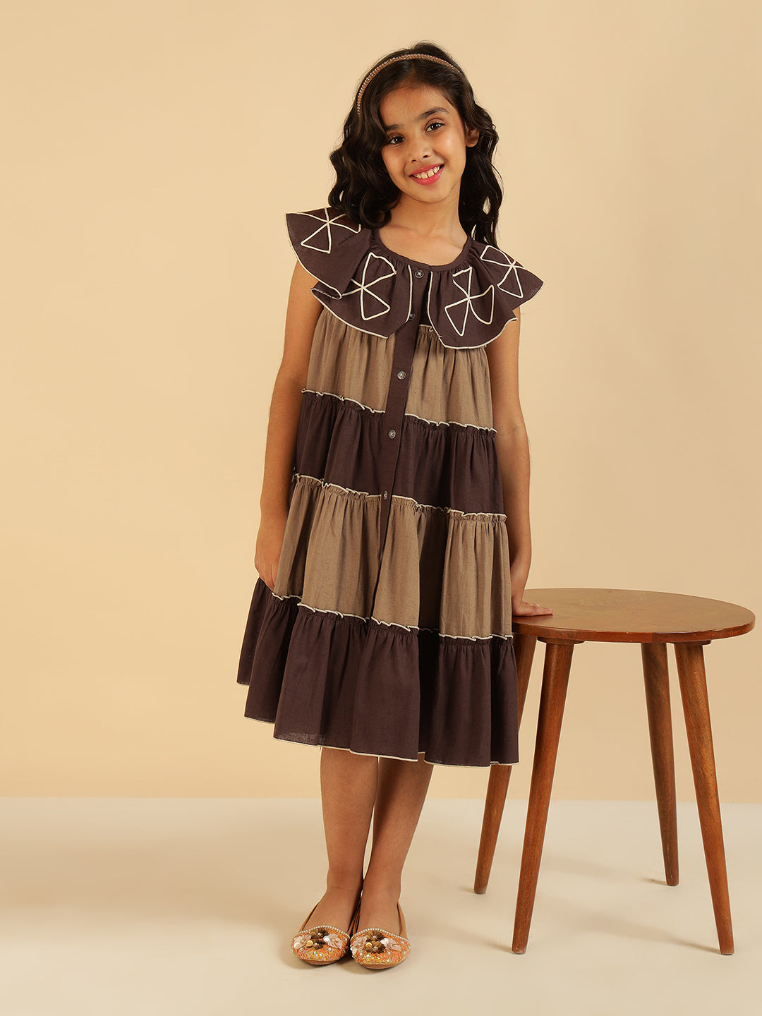Pure Cotton Colorblock Embroidered Tiered Girls Dress