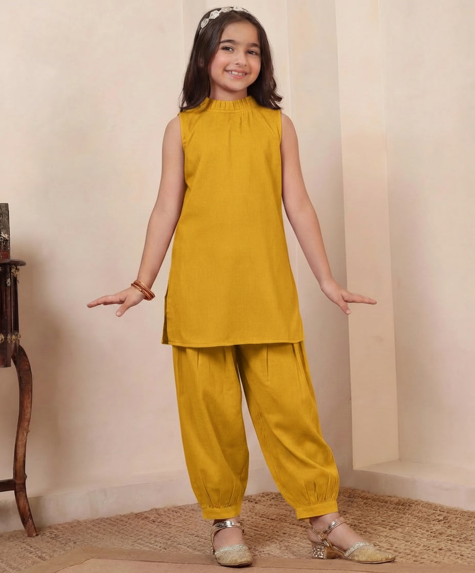 Yellow Cotton Kurta With Gathered Pant Girls Co-ord Set