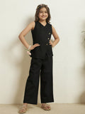 Girls Black Cotton Blazer With Pant Co-Ord Set