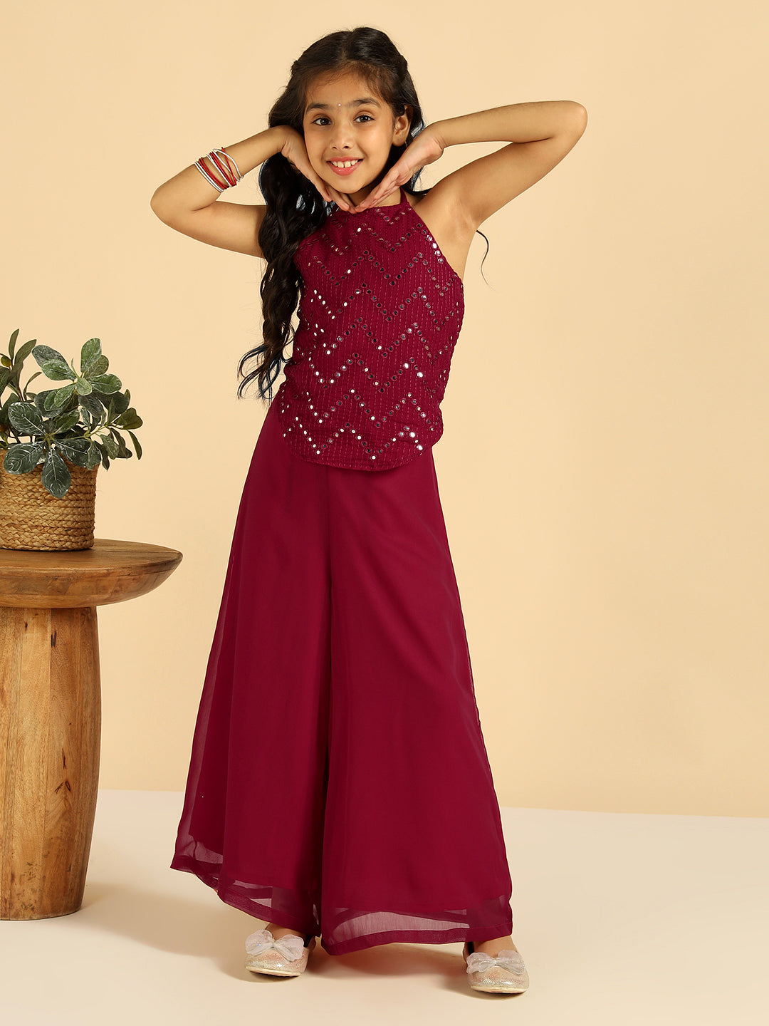 Magenta Embroidered Top With Sharara Girls Co-Ord Set