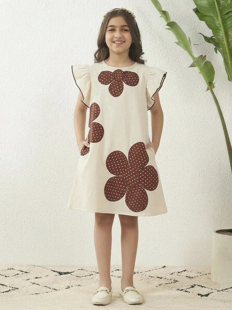Girls' Cotton Off-White Dress with Polka Dot Floral Print, Ruffle Sleeves, Casual Wear