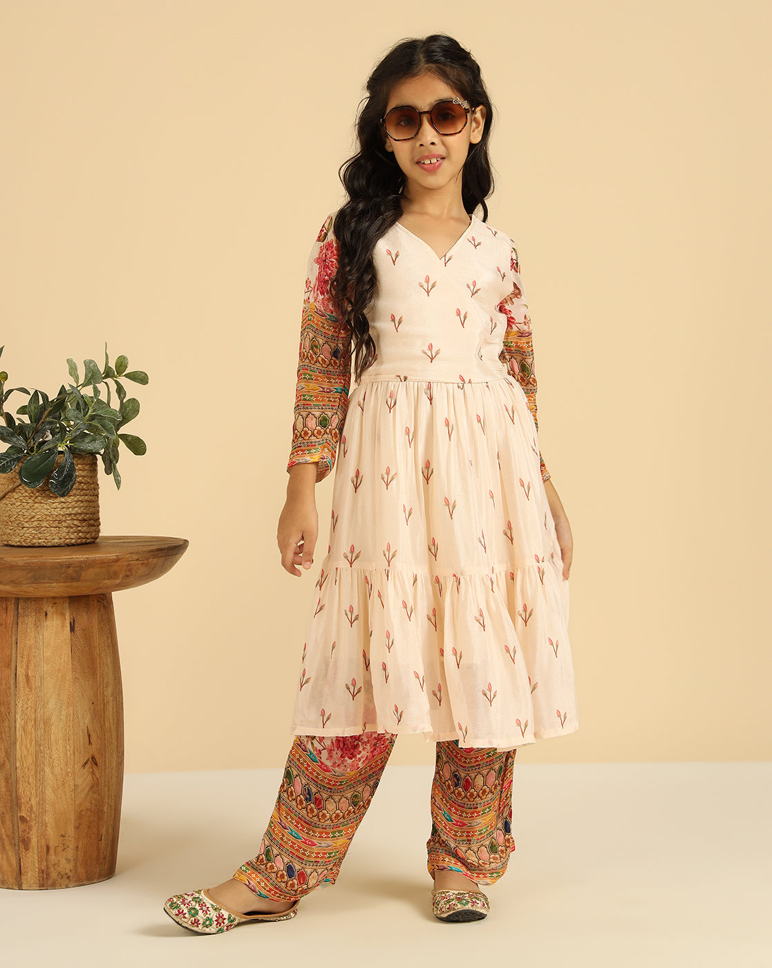 V-Neck Tiered Kurta With Pant Indo Western Girls Co-Ord Set