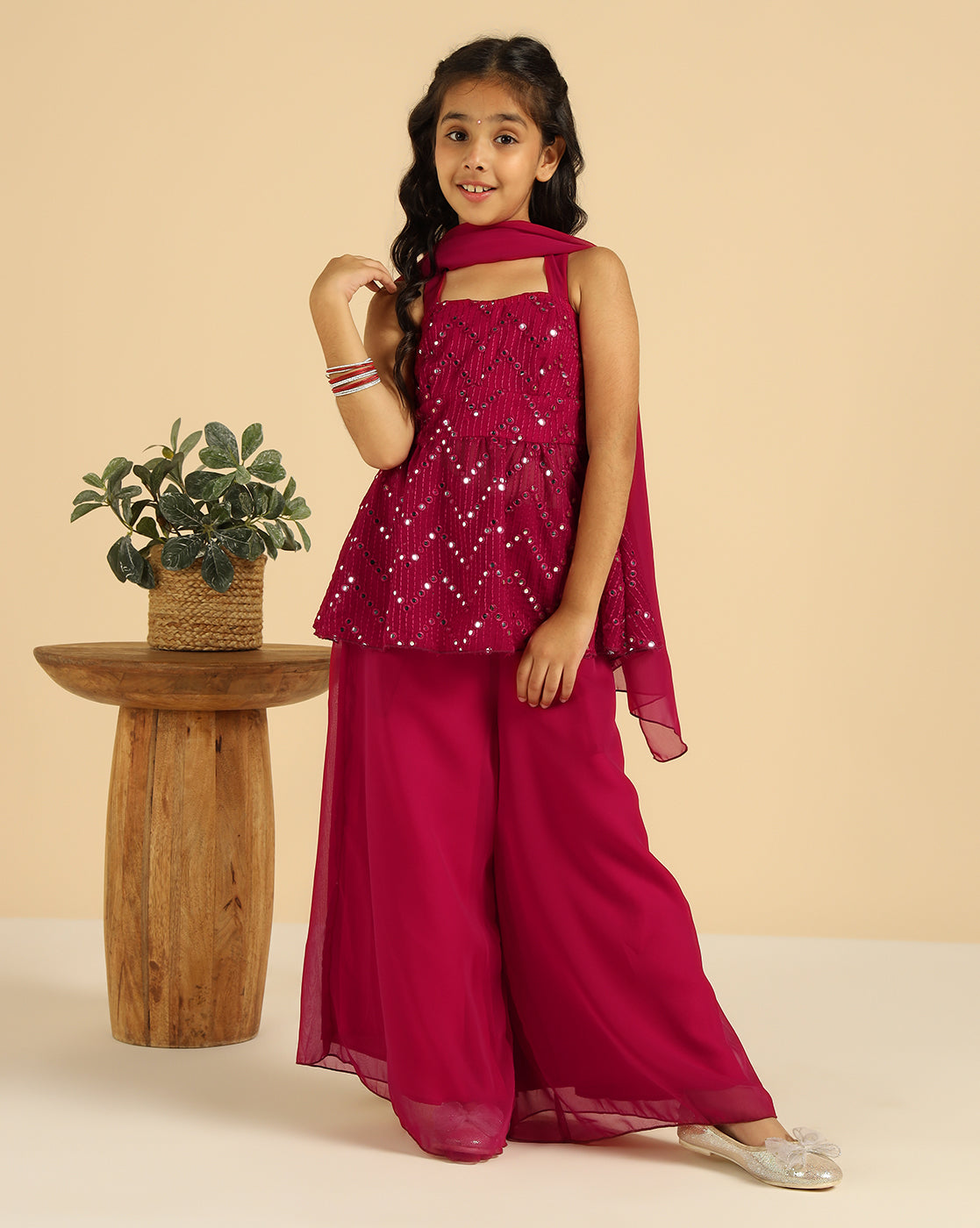 Magenta Embroidered Indo Western Girls Co-Ord Set