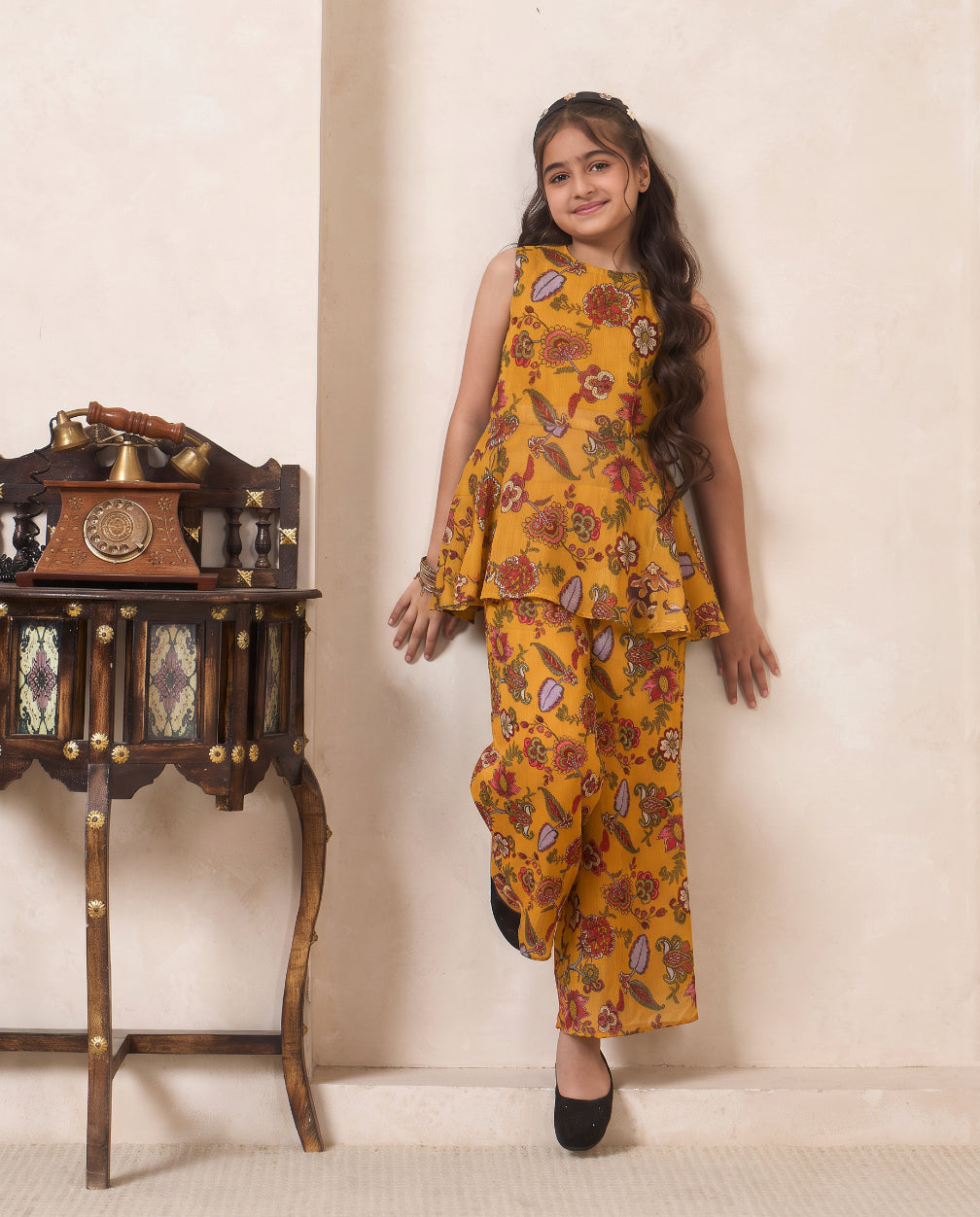 Girl's Mustard Paisley Print Peplum Top & Palazzo Set
