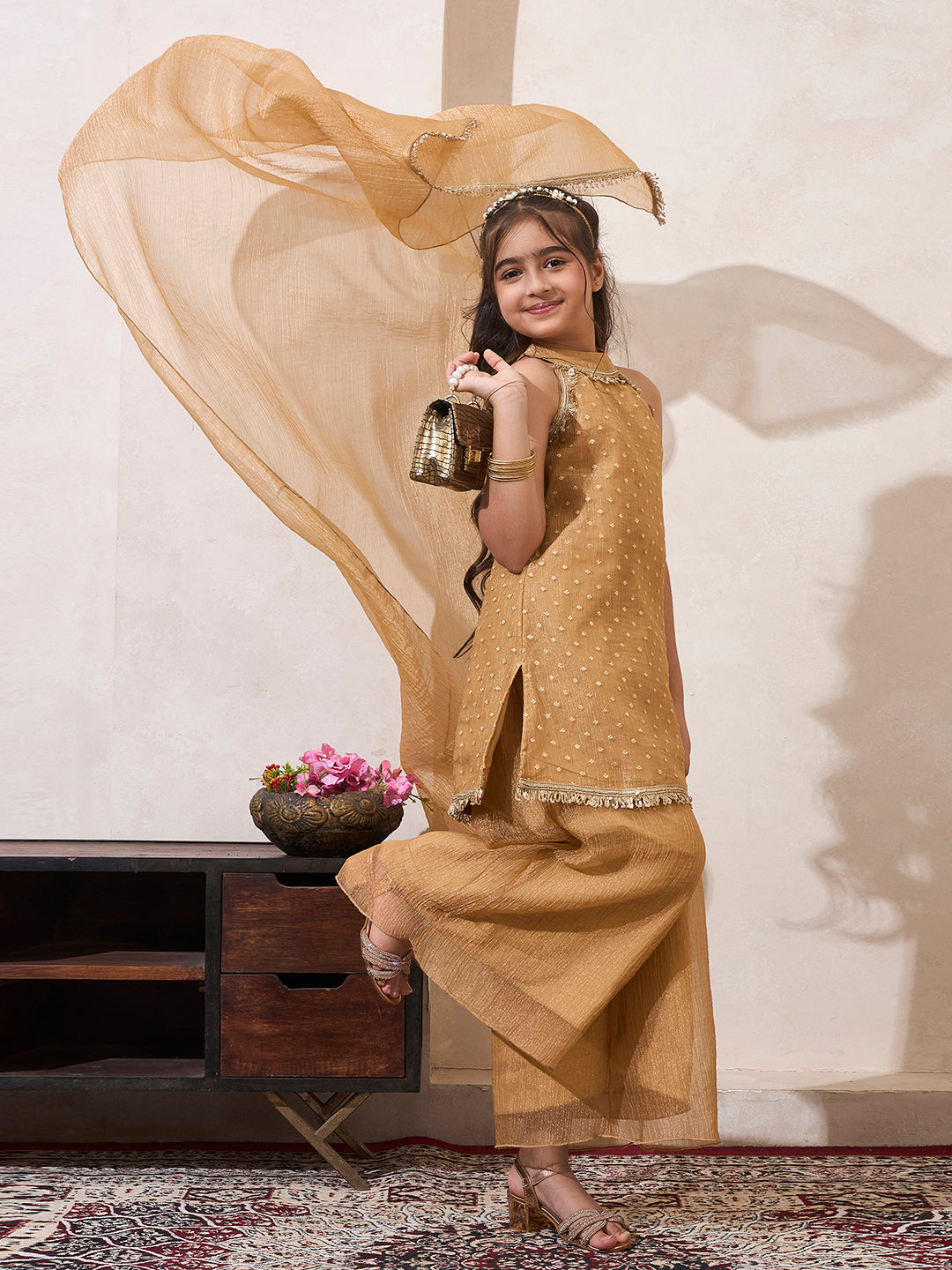 Golden Shimmer Butti Work Halter Neck Kurti & Palazzo With Dupatta
