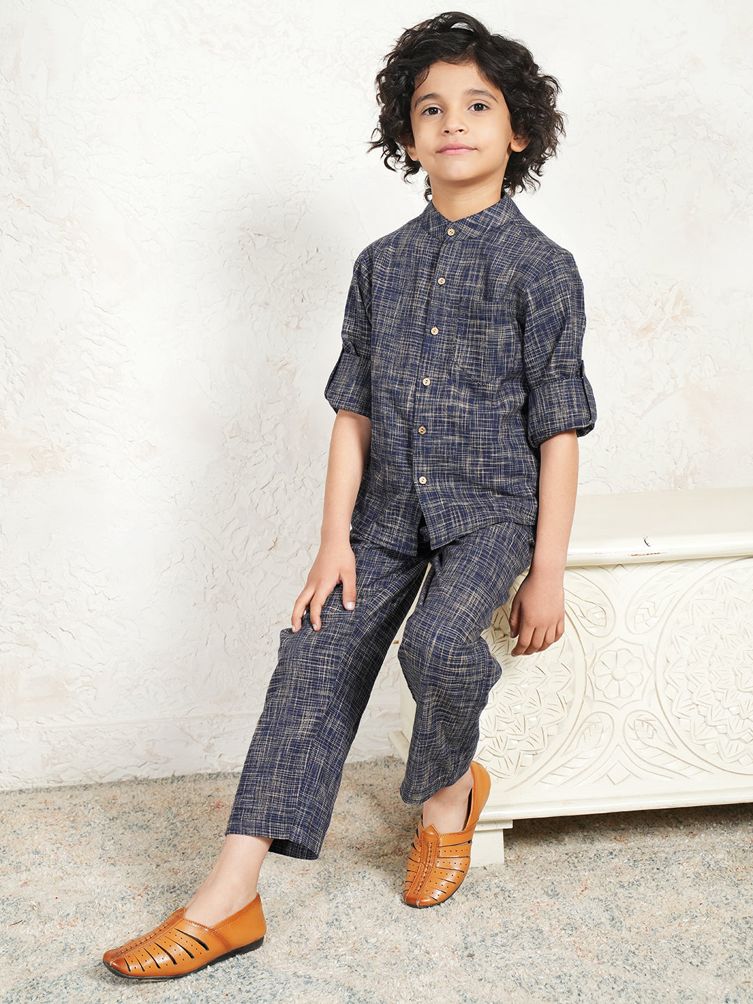 Navy Blue Pure Cotton Handloom Cotton Co-Ord Set For Boys