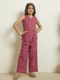 Girls Pink Cotton Blazer With Pant Co-Ord Set