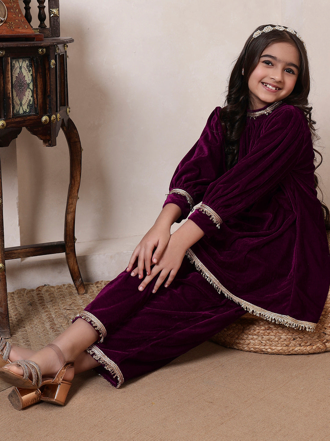Velvet Band Collar Fusion Kurta Set