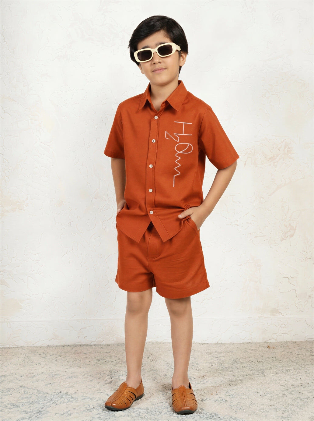 Rust Shirt Collar Solid Tan Embroidered Cotton Shirt With Shorts