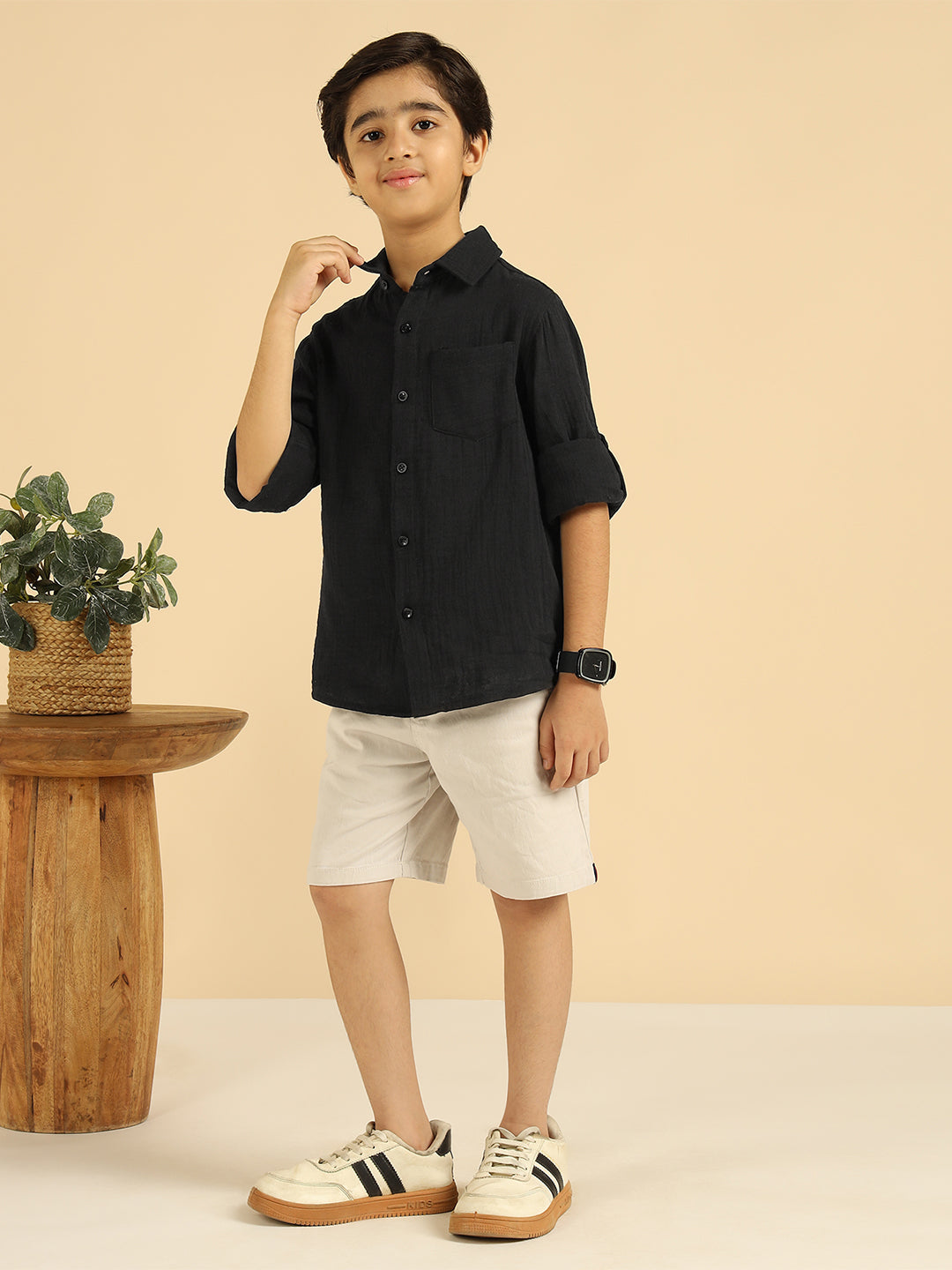 Black Pure Cotton Solid Boys Shirt