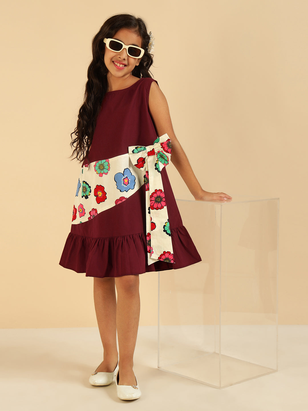 Wine With Floral Printed Bow Style Girls Dress