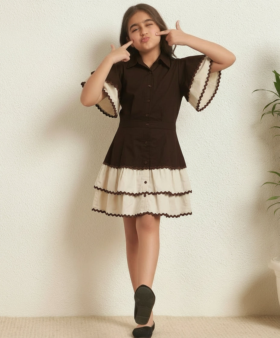 Border Lace Solid Shirt With Layered Skirt Girls Co-ord Set