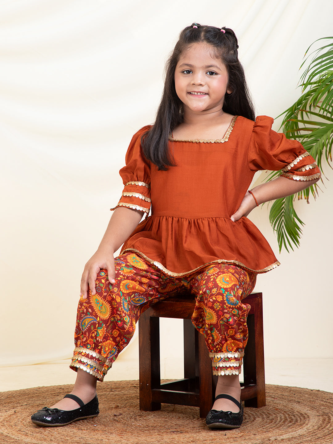 Solid Peplum Top With Abstract Printed Sharara