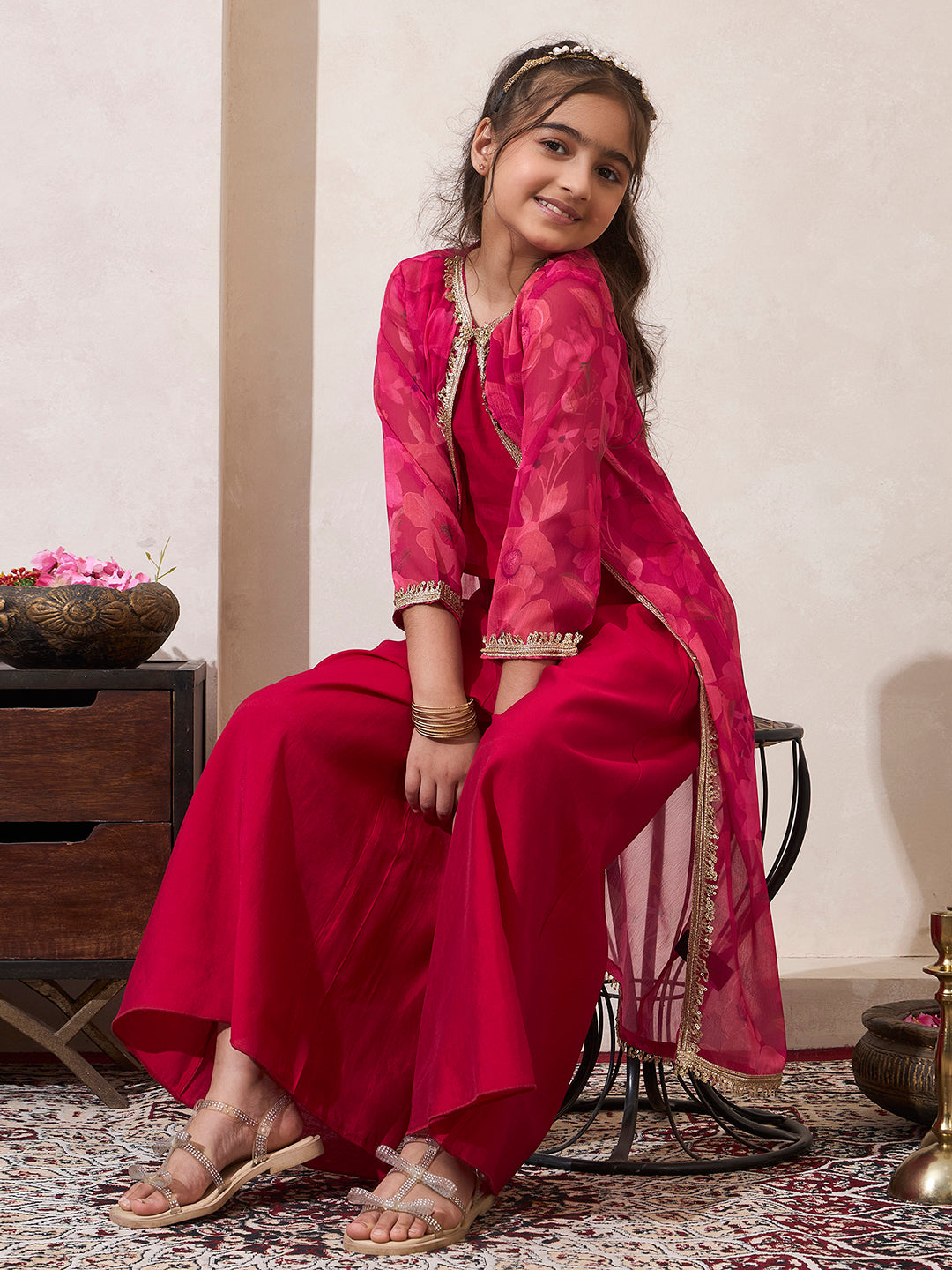 Magenta Floral Print Shrug With Top & Palazzo Set