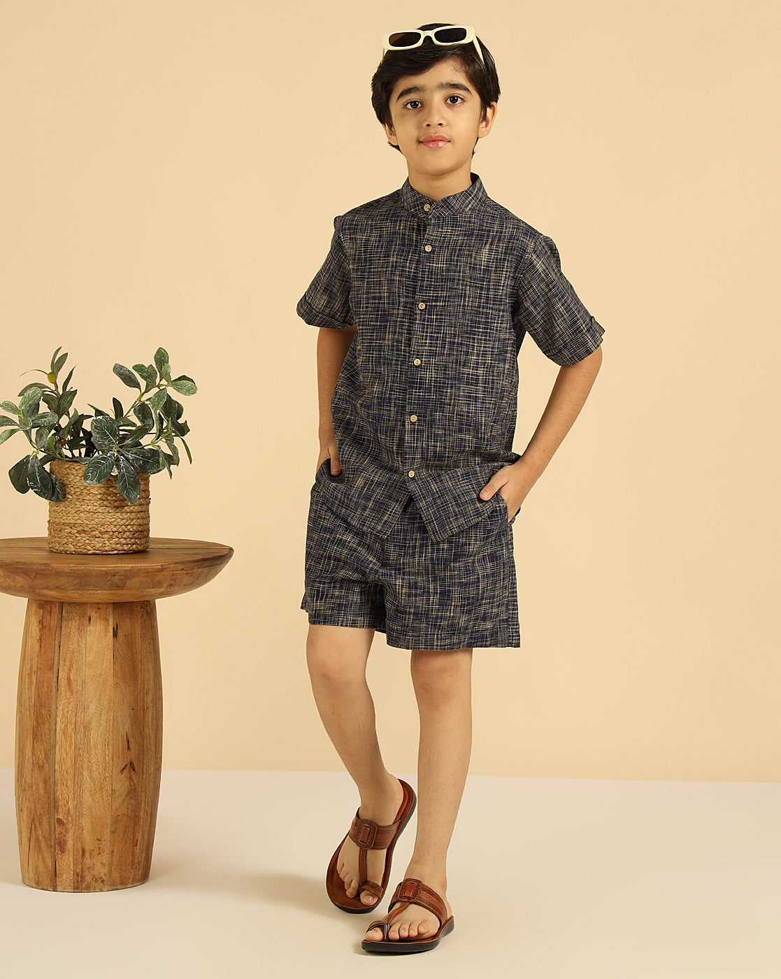 Navy Blue Pure Cotton Khadi Shirt With Shorts Boys Co-Ord Set