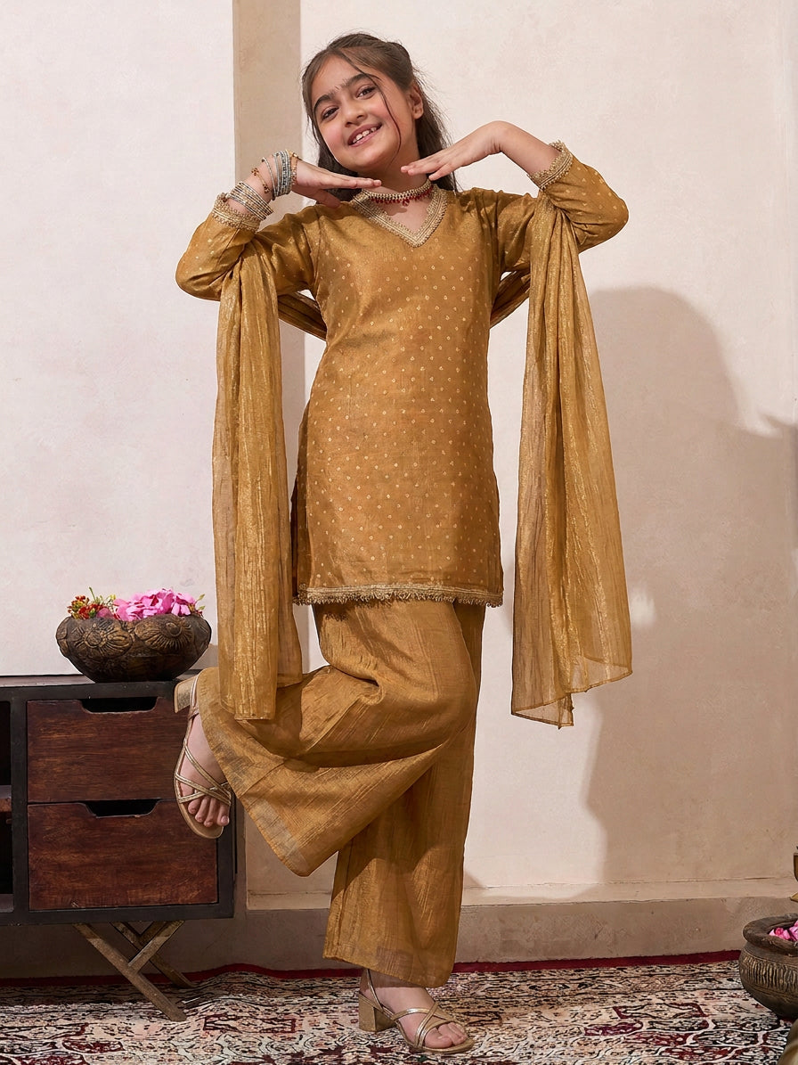 Golden Solid Shimmer Butta Fusion Wear Kurta & Palazzo With Dupatta Set