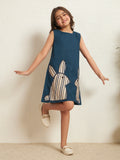 Girl's Teal Blue Cotton Poplin Solid With Stripe A-Line Dress