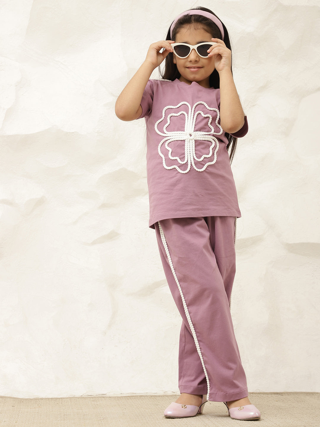 Lavender Pure Cotton Knit T-Shirt & Pants Co-Ord Set