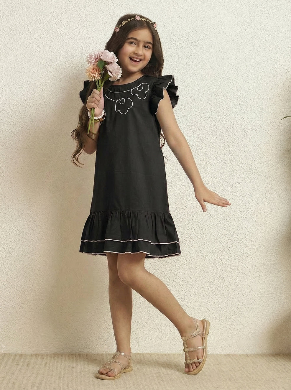 Girls Black Cotton Poplin Floral Dori Work A-Line Dress