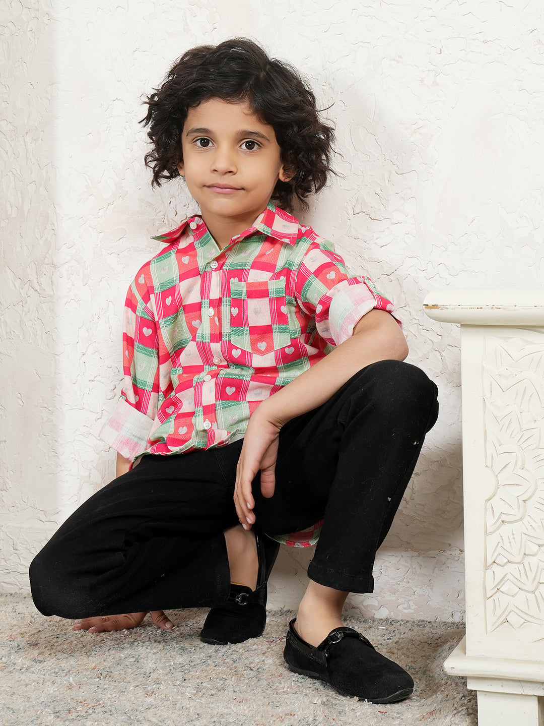 Heart Print Check Shirt For Boys