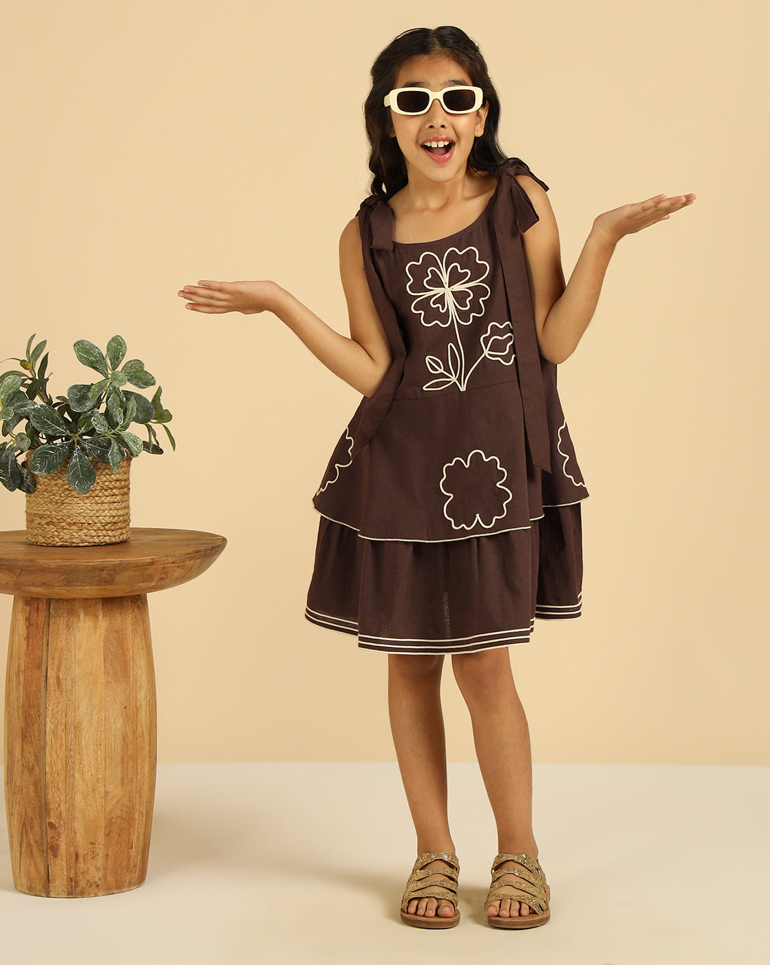 Brown Pure Cotton Embroidered Girls Tiered Dress