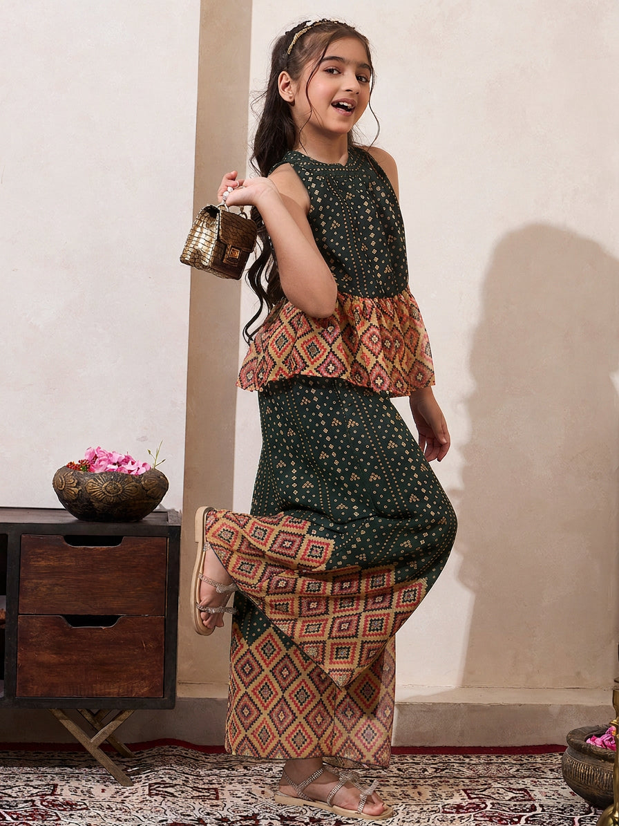 Girl's Black Bandhani Border Chiffon Peplum Top & Palazzo Set