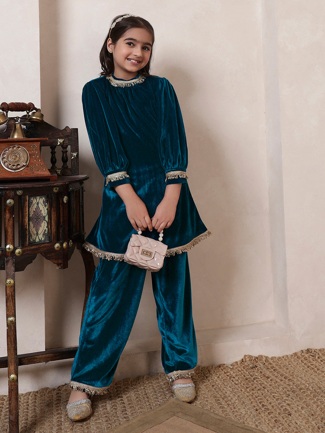Teal Blue Velvet Band Collar Kurta Set