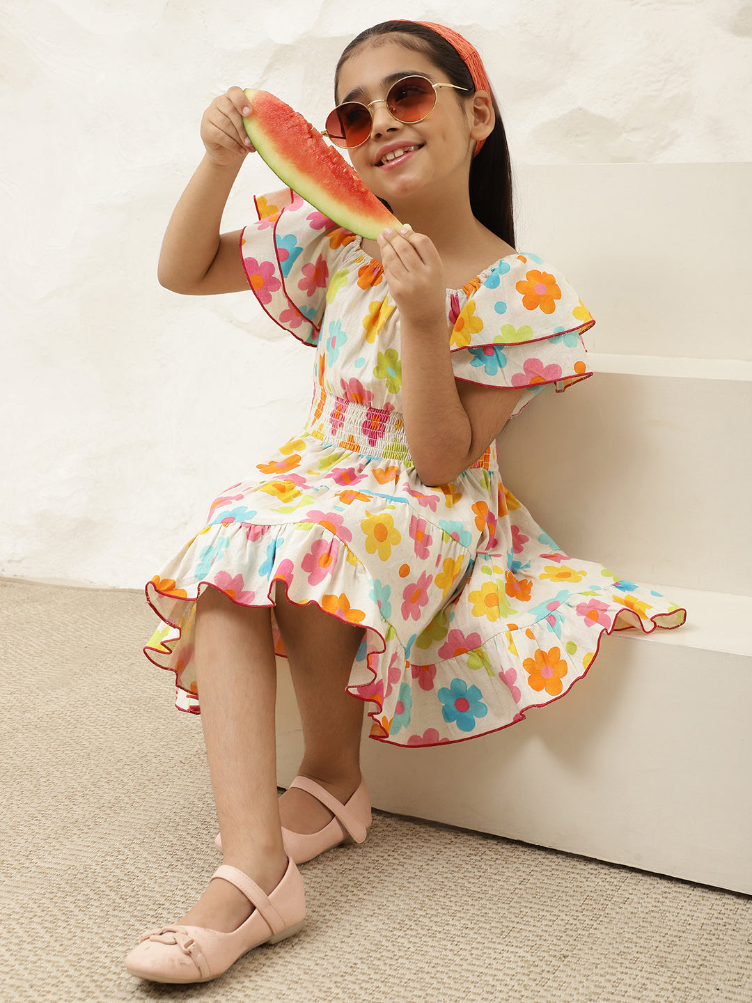 Pure Cotton Multicolor Floral Print Tiered Dress