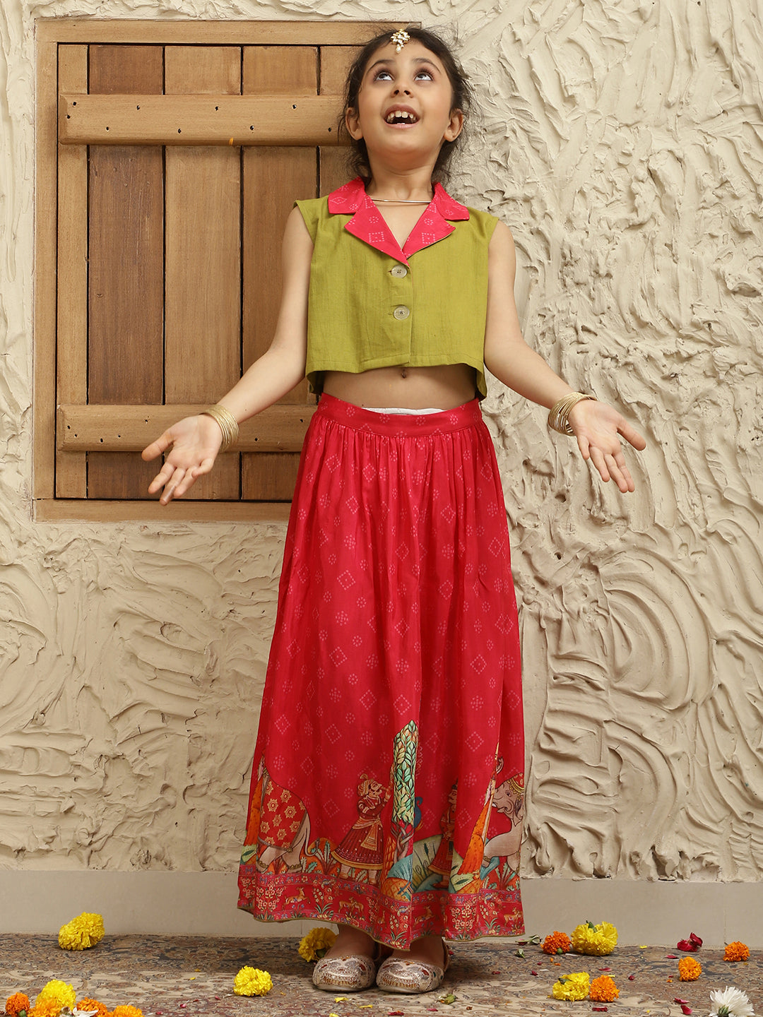 Solid Blazer With Printed Lehenga Set