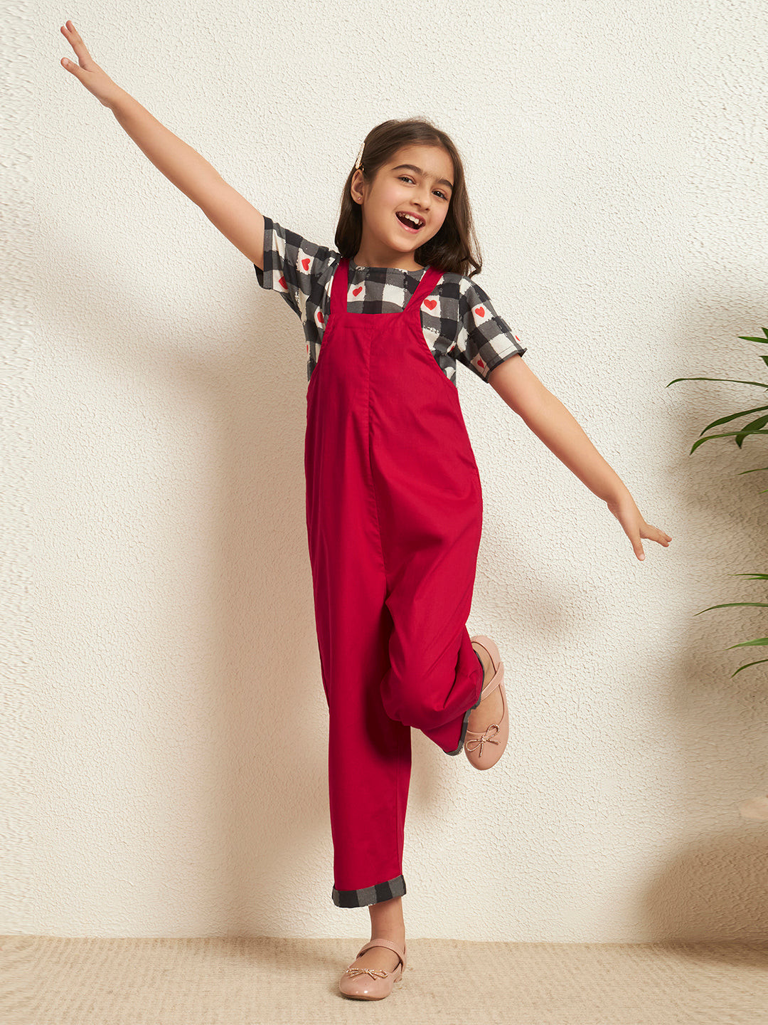 Red Cotton Poplin Heart Print Check With Solid Pattern Girl's Jumpsuit Set