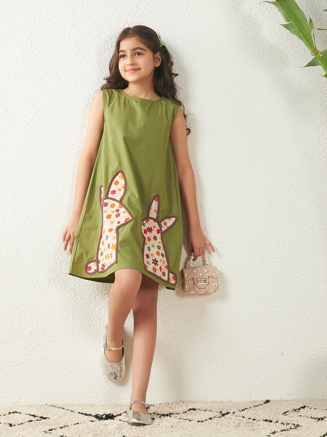 Green Playful Bunny Cotton A-Line Dress
