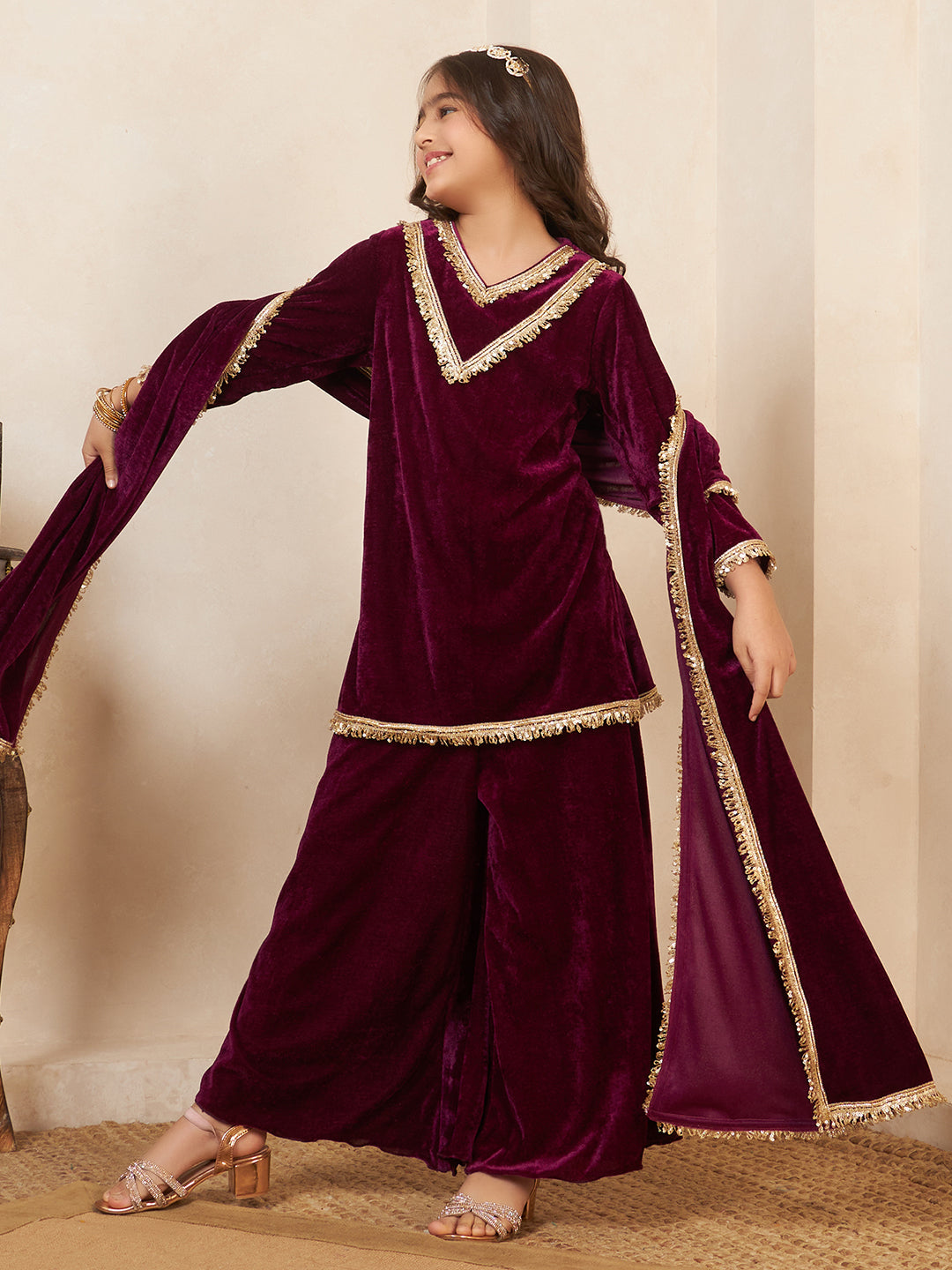 Wine Velvet 3 Pieces Co-Ord Set