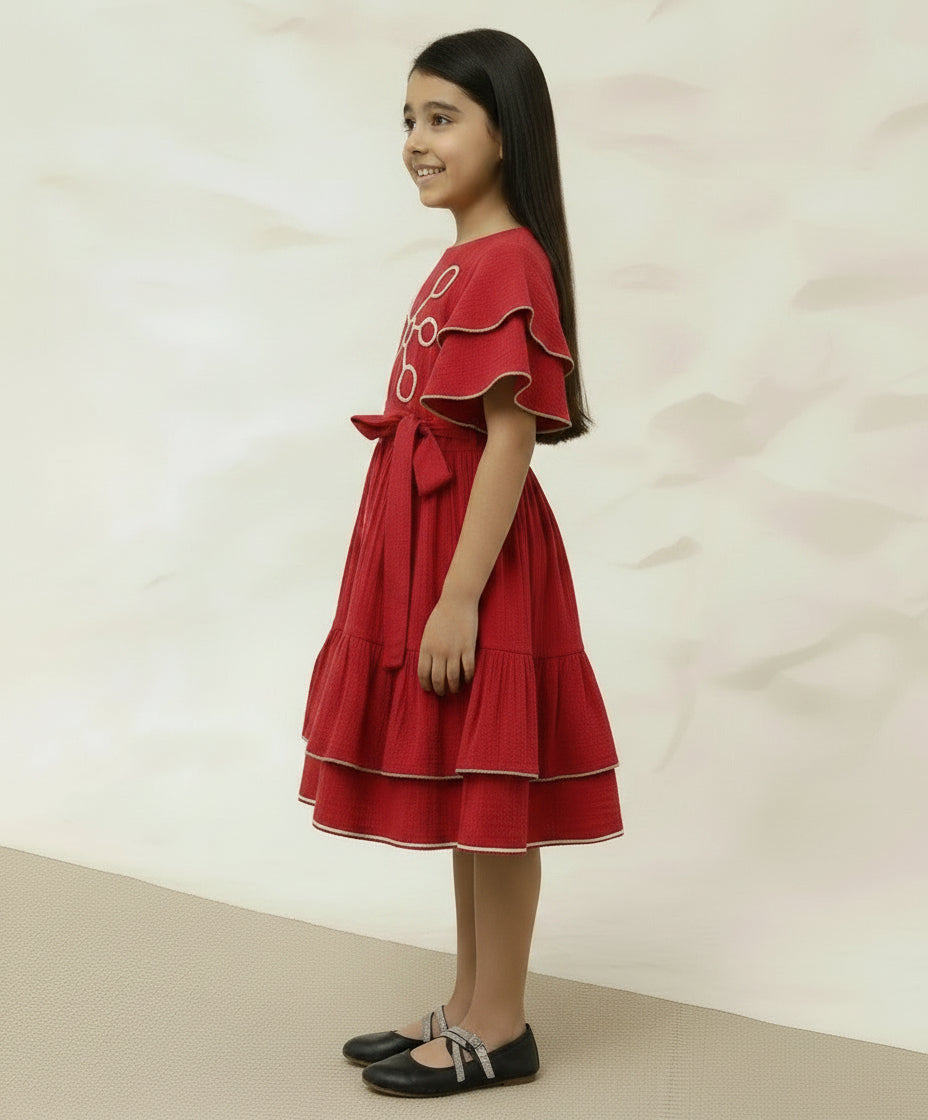 Red Cotton Round Neck Bell Sleeve Above Knee Length Dress For Girls