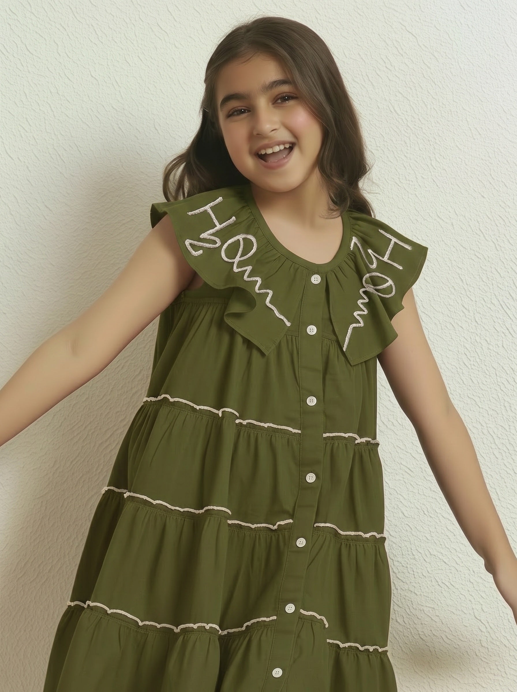 Sea Green Cotton Round Neck Shirt Style Above Knee Length Dress For Girls