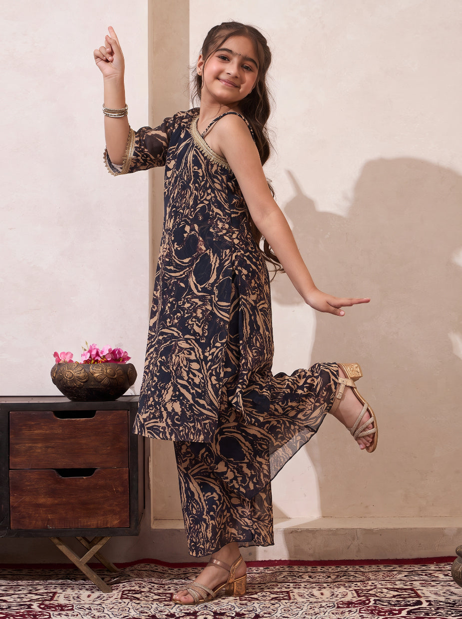 Black Abstract Print Chiffon One Shoulder Kurta With Palazzo