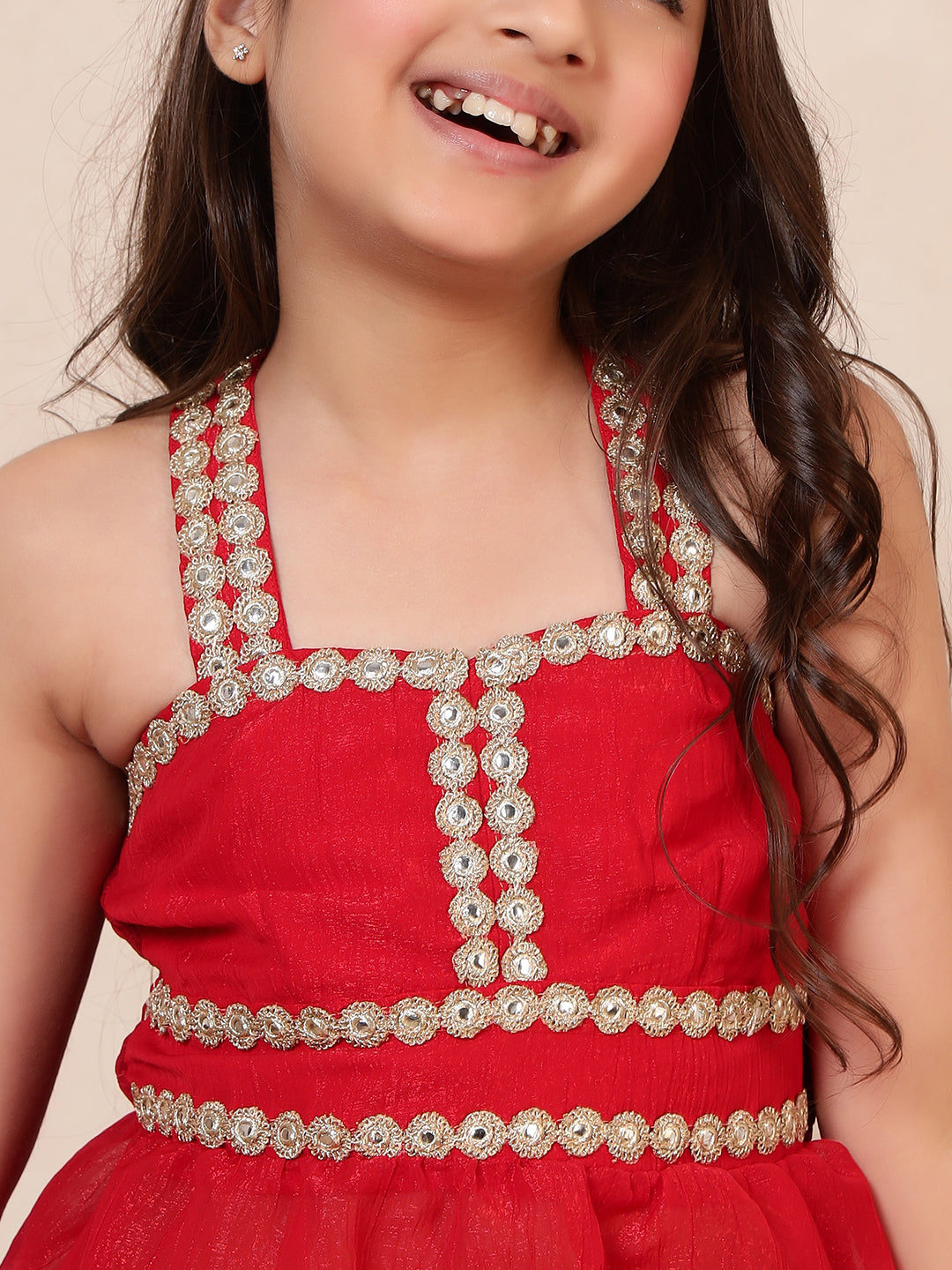 Red Shimmer Peplum Top & Palazzos With Dupatta Fusion Co-Ord Set