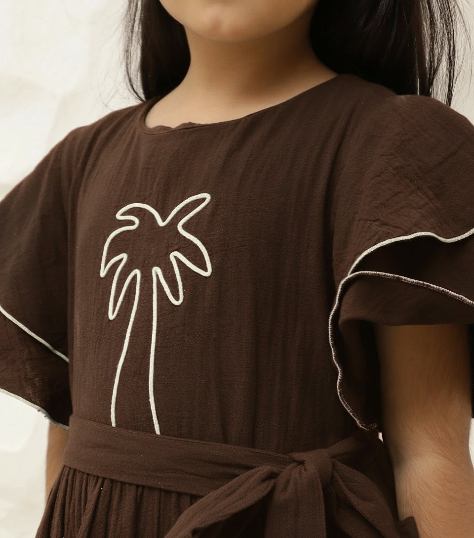 Embroidered Palm Motif Pure Cotton Dark Brown Dress For Girls