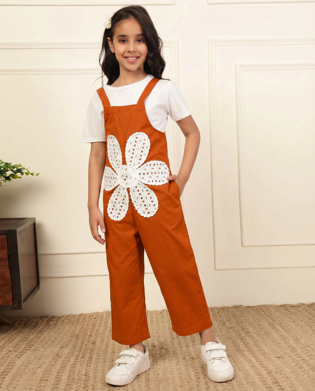 Tan Big Flower Patch Girls' Jumpsuit (T-shirt not included)