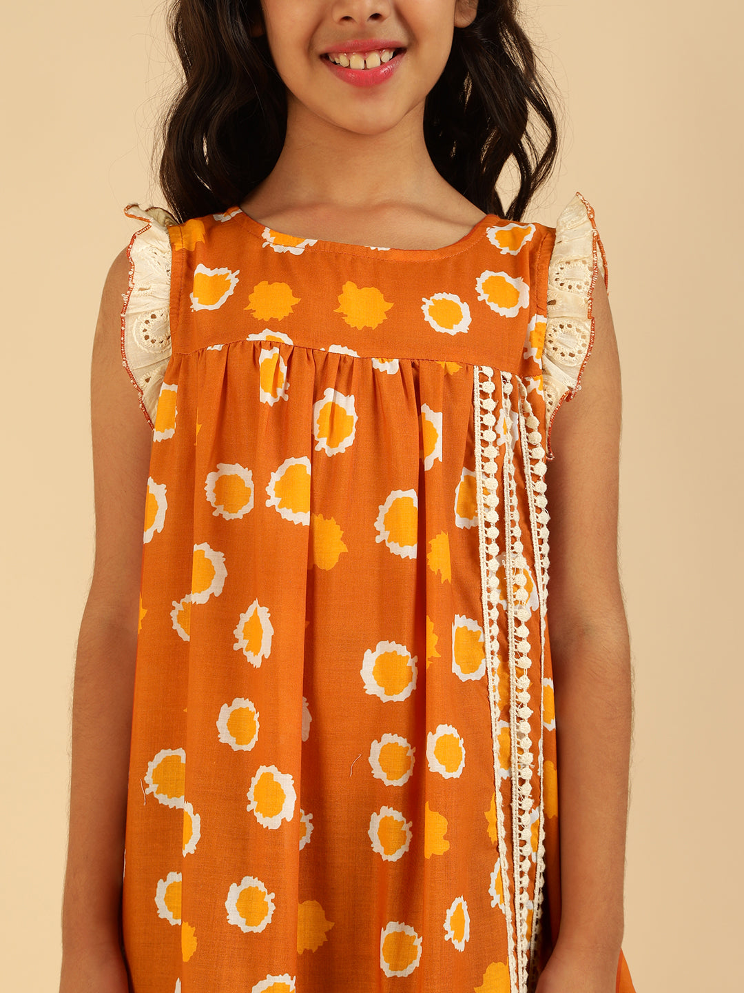 Schiffli Embroidered With Tan Brown Printed Tiered Layered Girls Dress