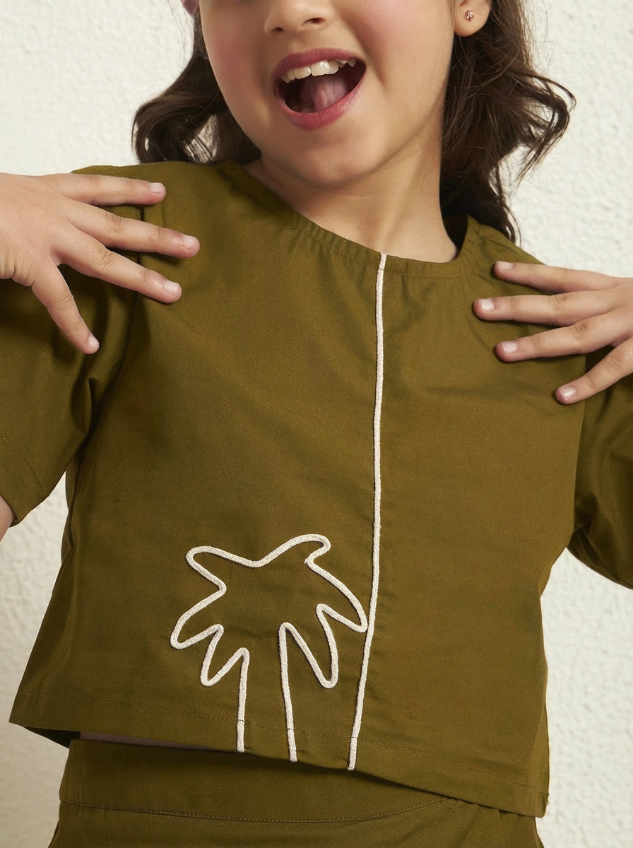 Olive Green Cotton Poplin Solid Round Neck Girls Co-Ord Set