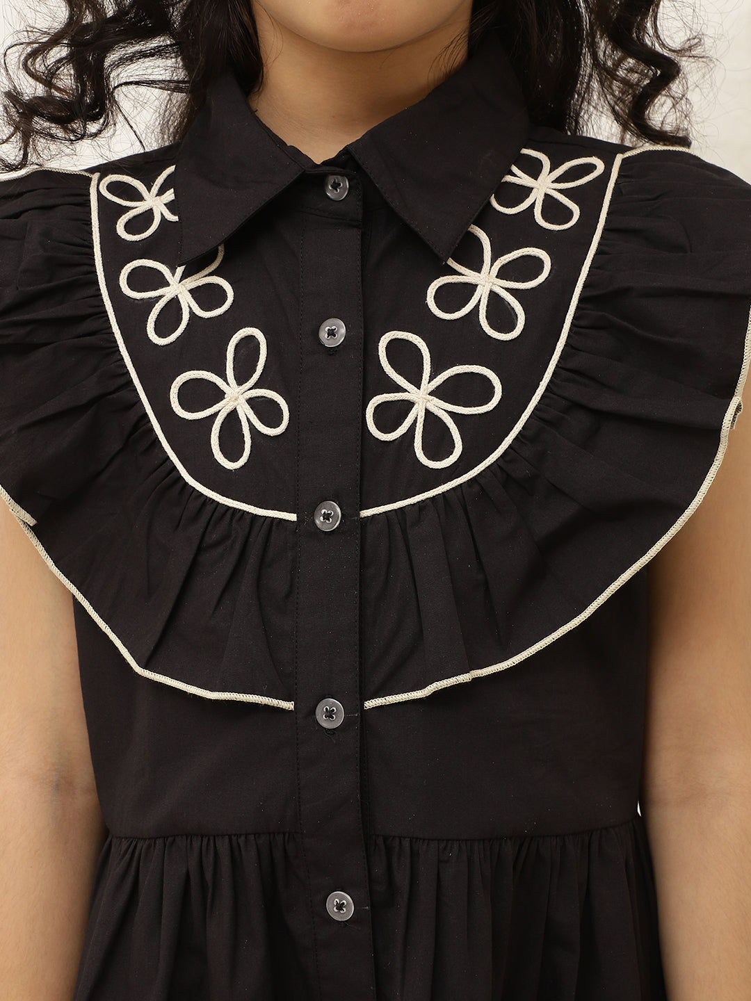 Pure Cotton Frill Yoke Shirt Dress With Floral Embroidery