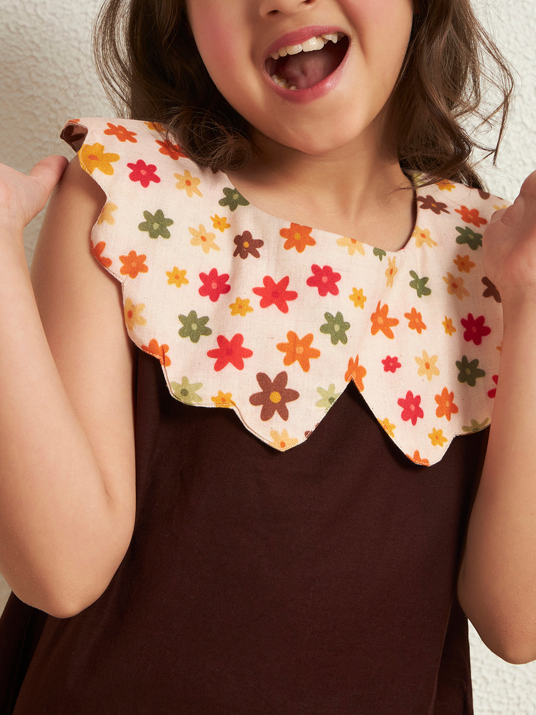 Girl's Brown Cotton Flex Solid With Floral Print A-Line Dress