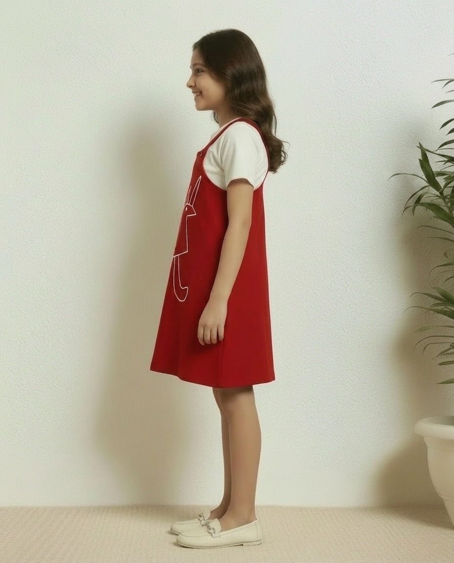 SHORT TOP WITH KNEE-LENGTH DUNGAREE DRESS