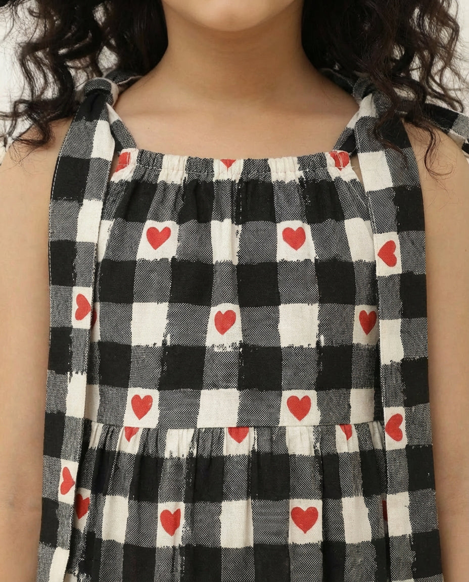 Adjustable Check Heart Print Tiered Dress