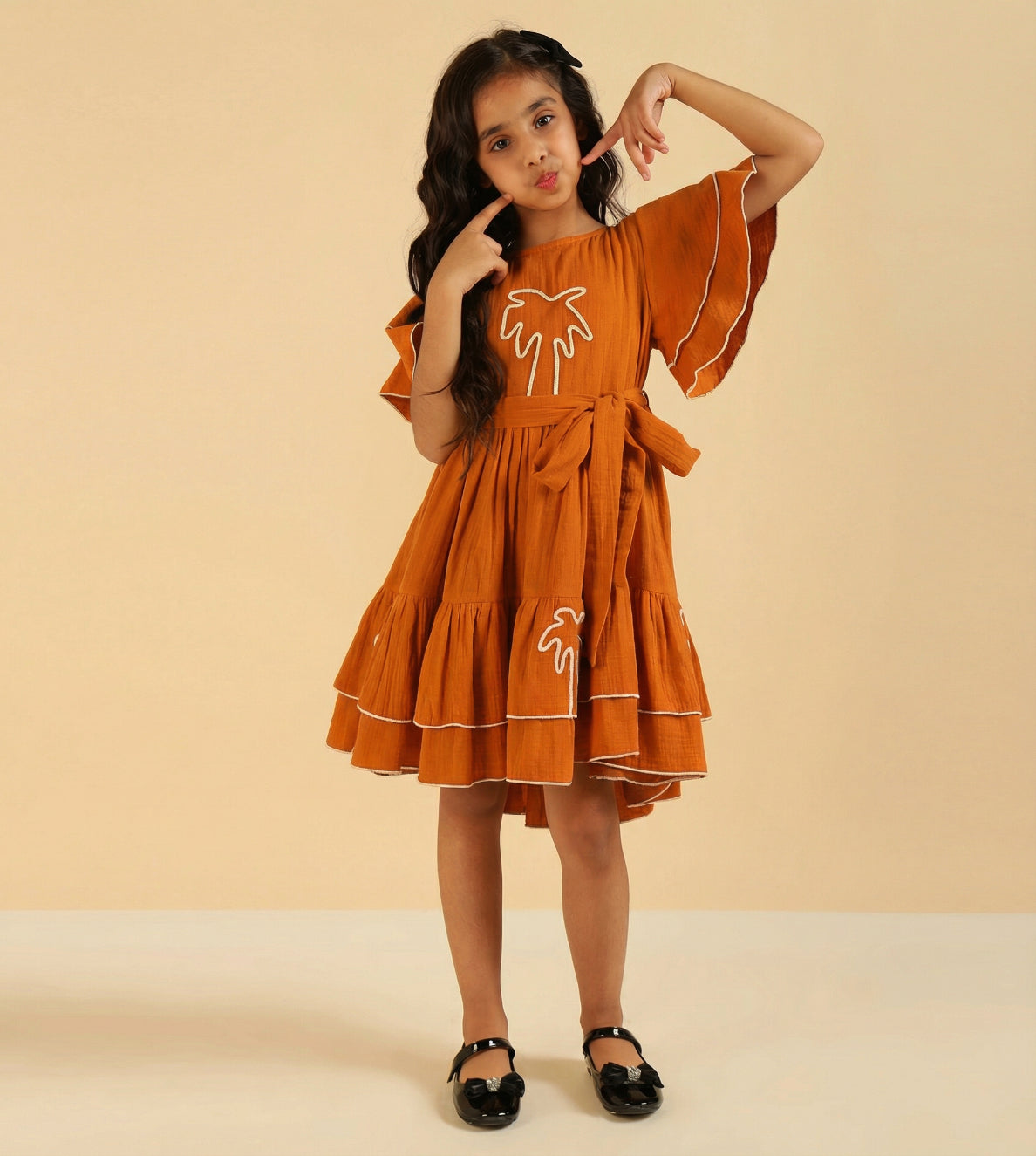 Embroidered Palm Motif Pure Cotton Gauze Dress For Girls