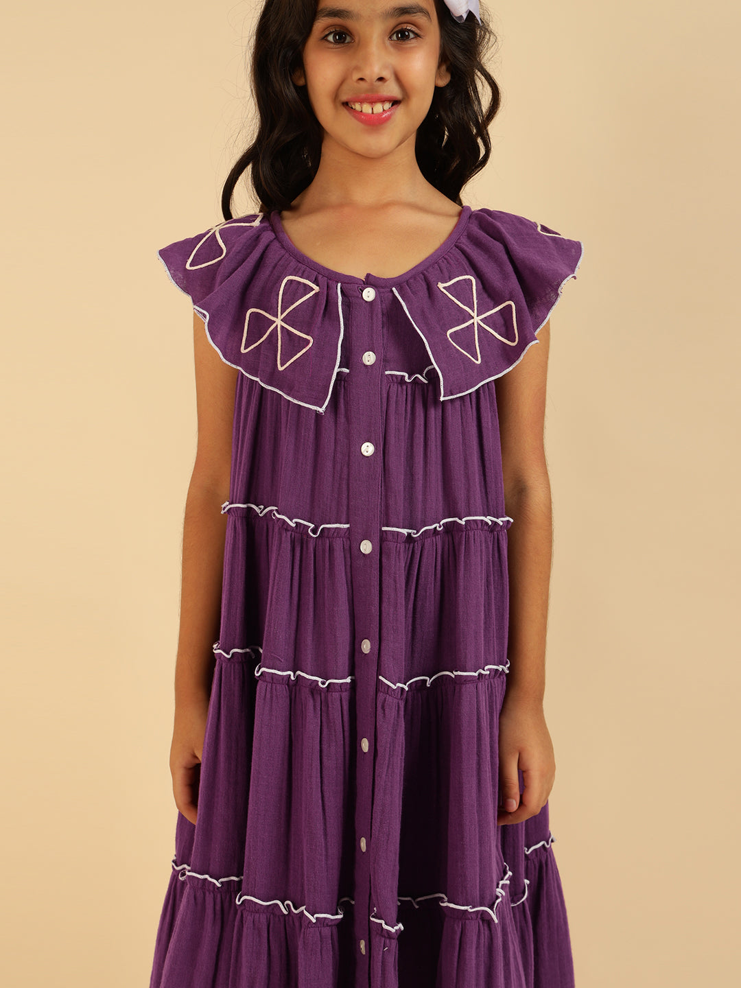 Purple Embroidered Tiered Girls Dress