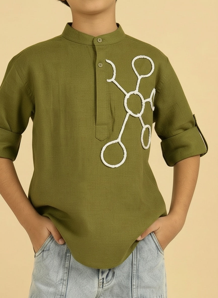 Sea Green Cotton Mandrain Collar  Short Kurta For Boys