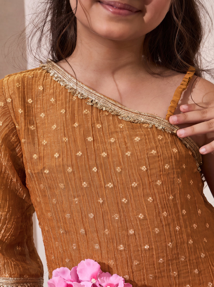 Golden Solid Shimmer Butta One Shoulder Kurta With Palazzo