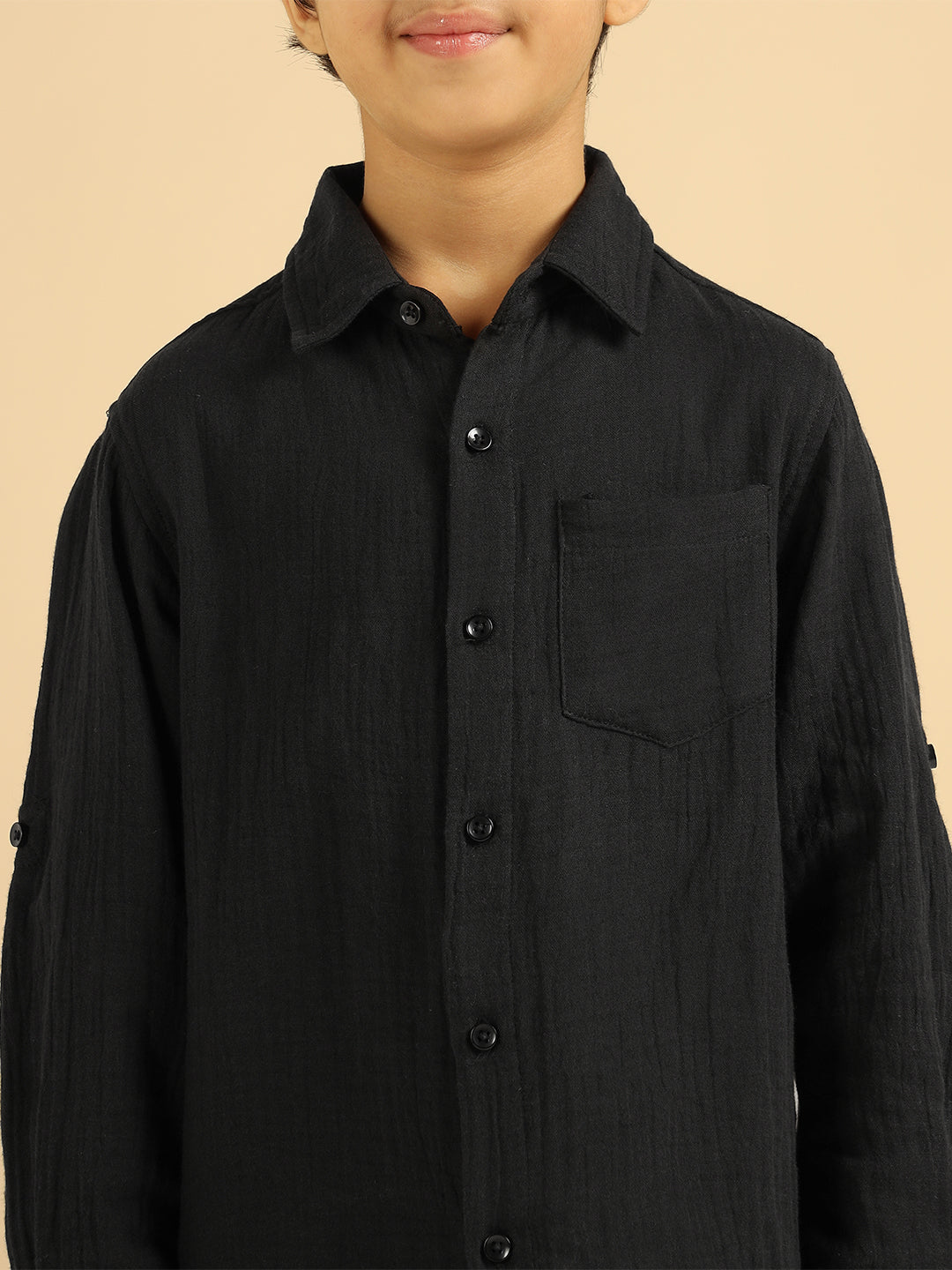 Black Pure Cotton Solid Boys Shirt